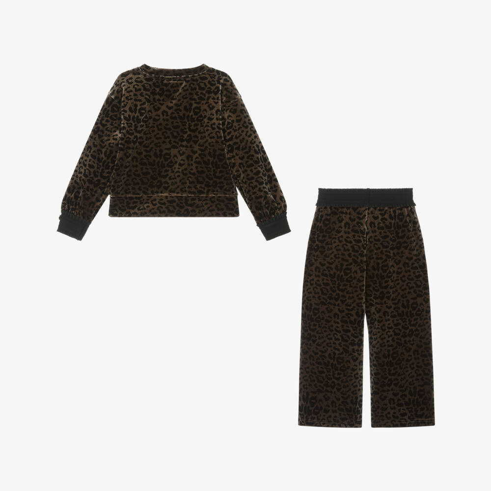 Angel's Face-Girls Beige & Black Leopard Velour Trouser Set | Childrensalon