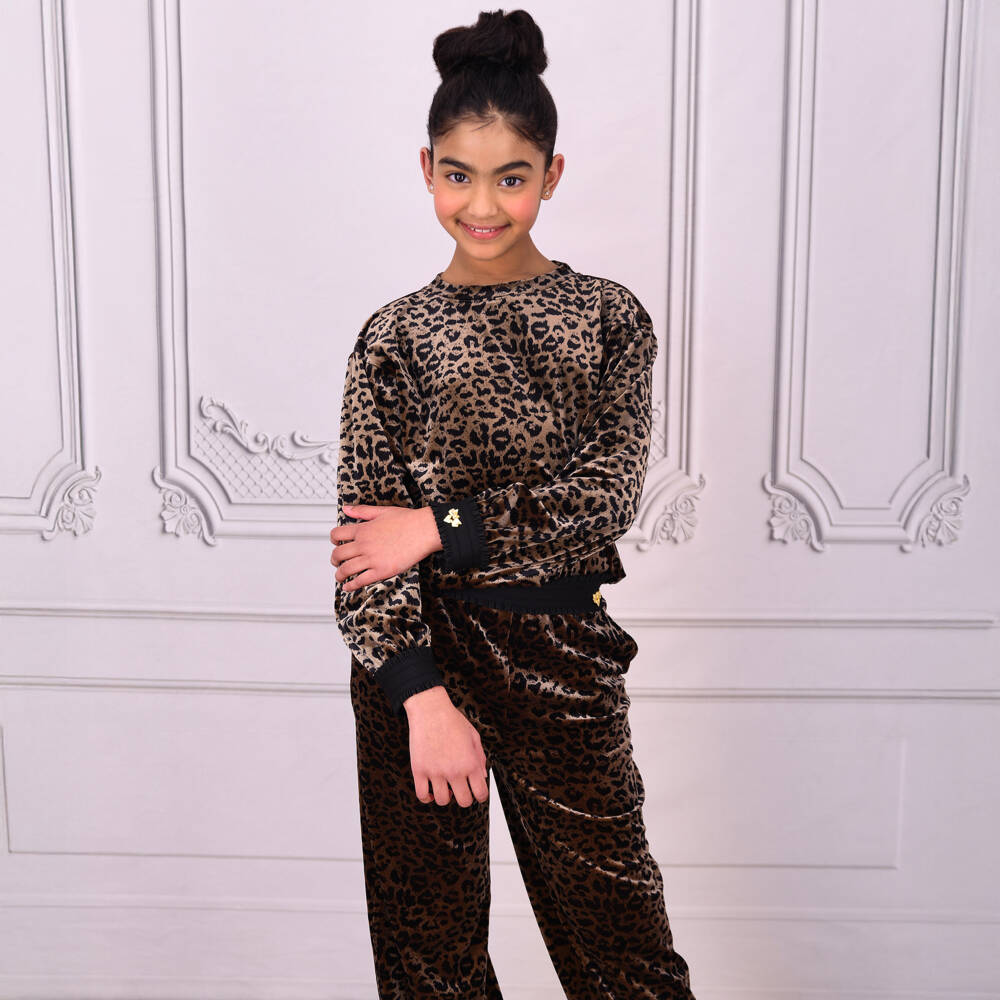 Angel's Face-Girls Beige & Black Leopard Velour Trouser Set | Childrensalon