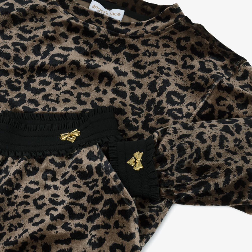 Angel's Face-Girls Beige & Black Leopard Velour Trouser Set | Childrensalon