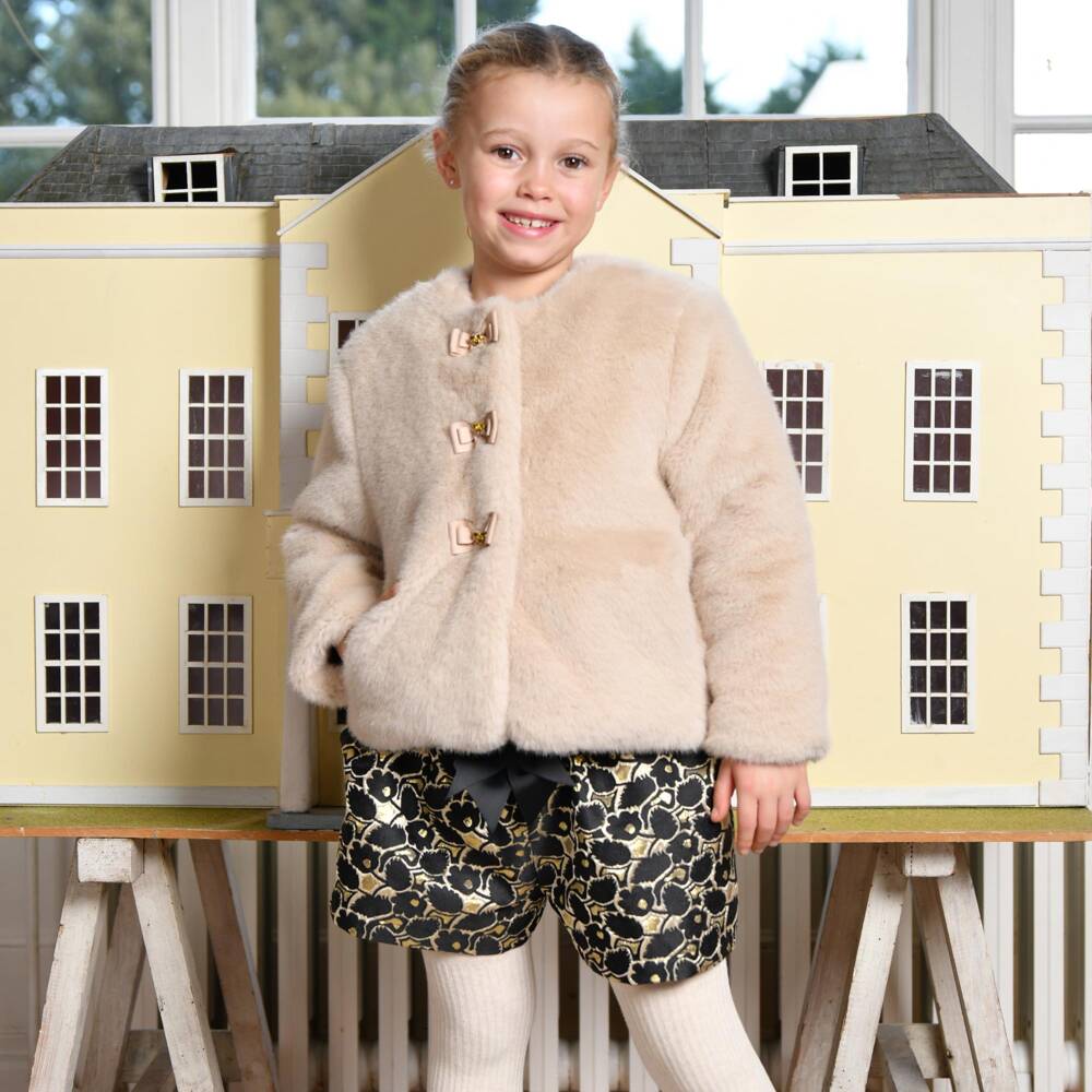Angel's Face-Girls Beige Faux Fur Neve Jacket with Grosgrain Bows | Childrensalon