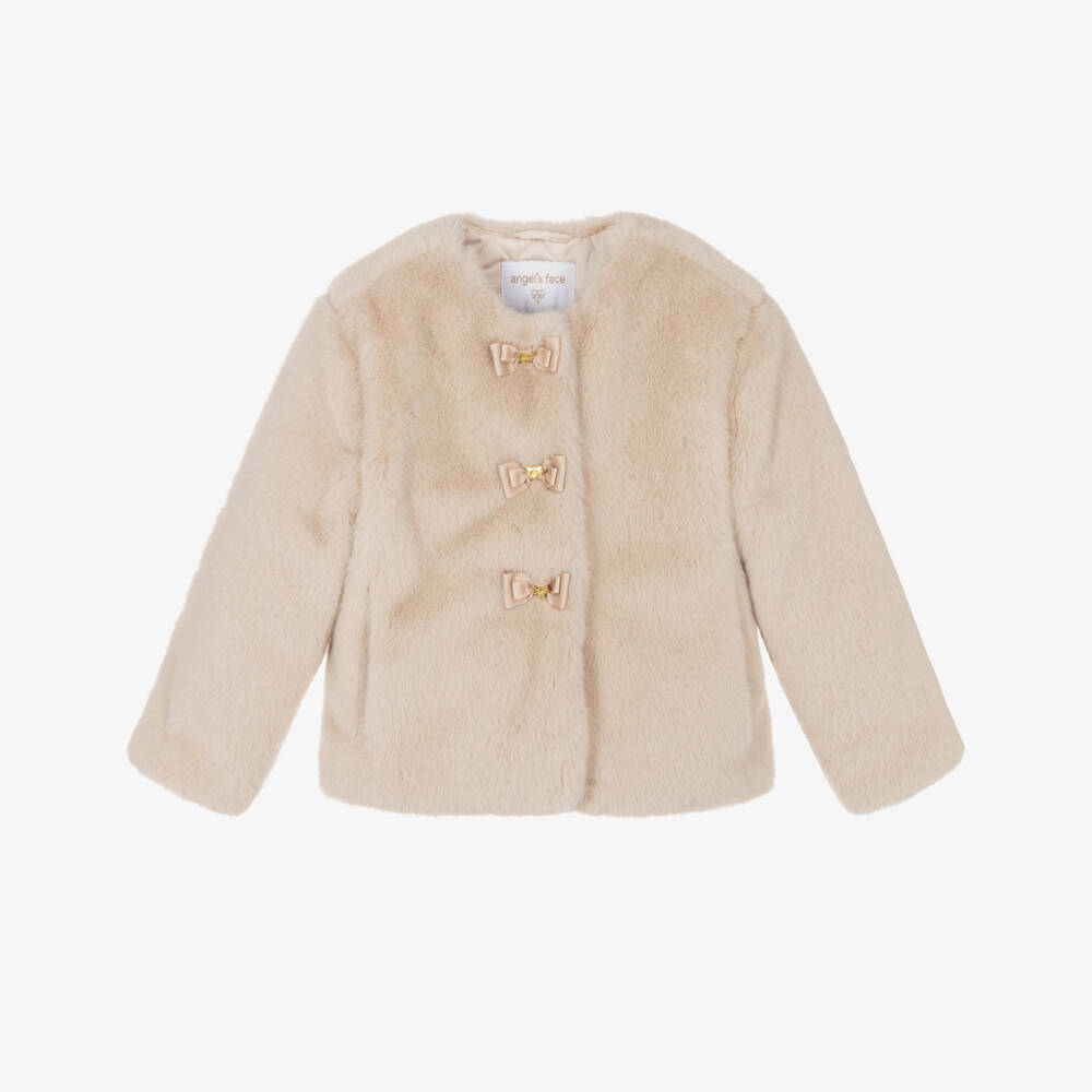 Angel's Face-Girls Beige Faux Fur Neve Jacket with Grosgrain Bows | Childrensalon