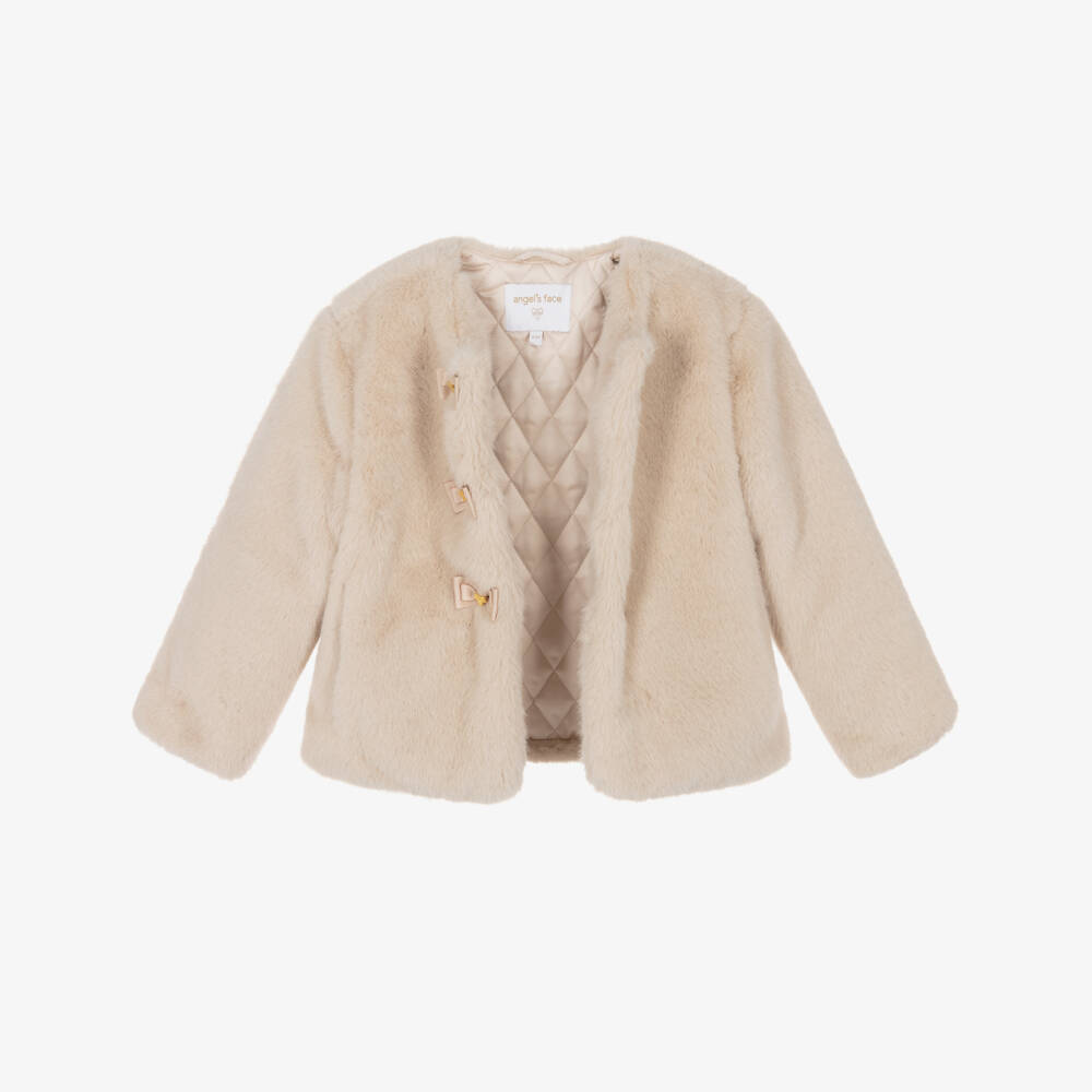 Angel's Face-Girls Beige Faux Fur Neve Jacket with Grosgrain Bows | Childrensalon