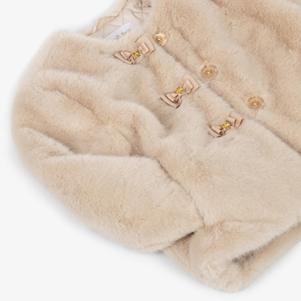 Angel's Face-Girls Beige Faux Fur Neve Jacket with Grosgrain Bows | Childrensalon
