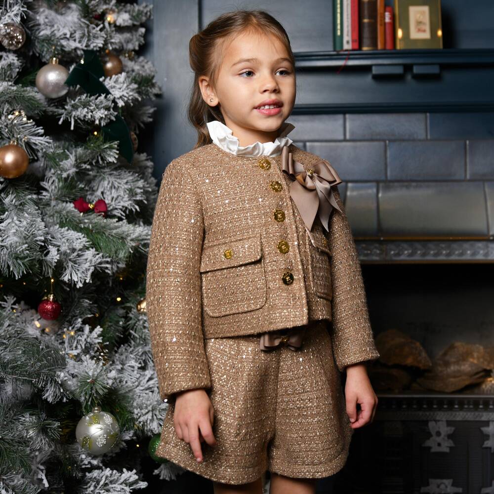 Angel's Face-Girls Beige & Gold Gianna Tweed Jacket with Bow | Childrensalon