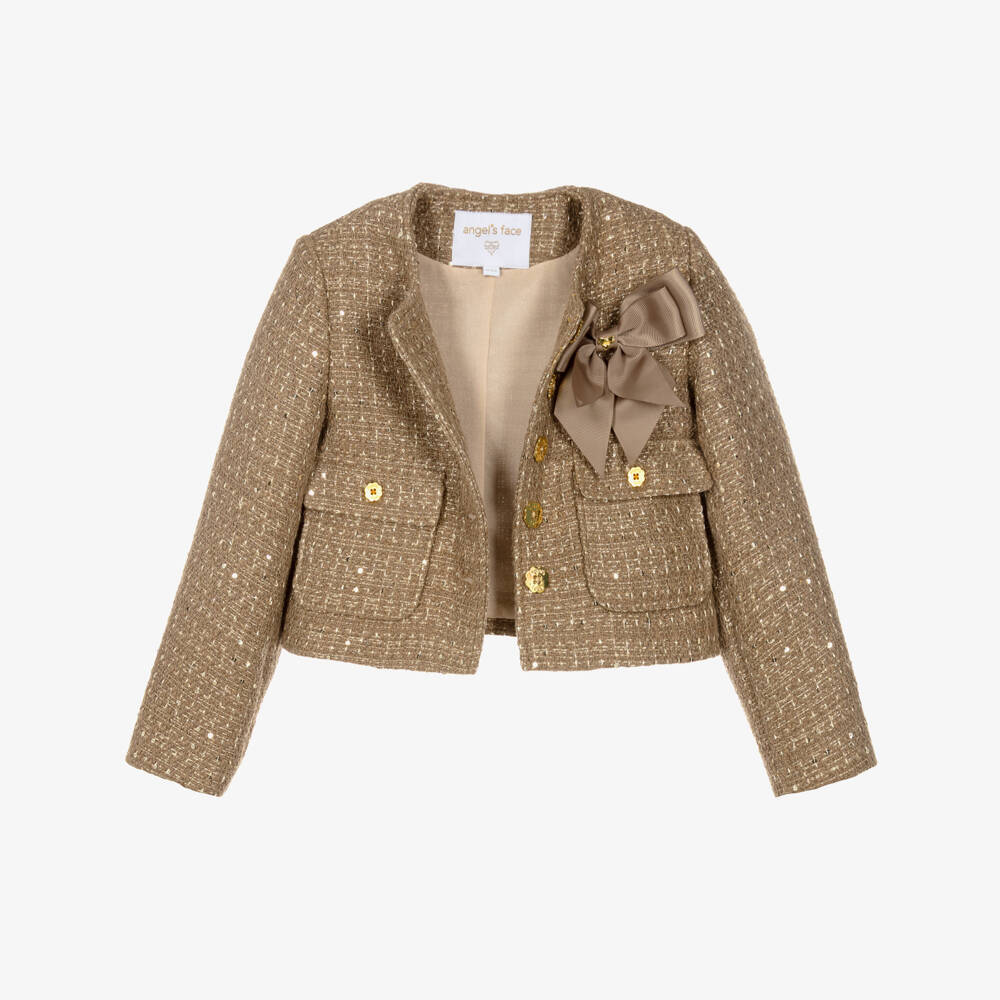 Angel's Face-Girls Beige & Gold Gianna Tweed Jacket with Bow | Childrensalon