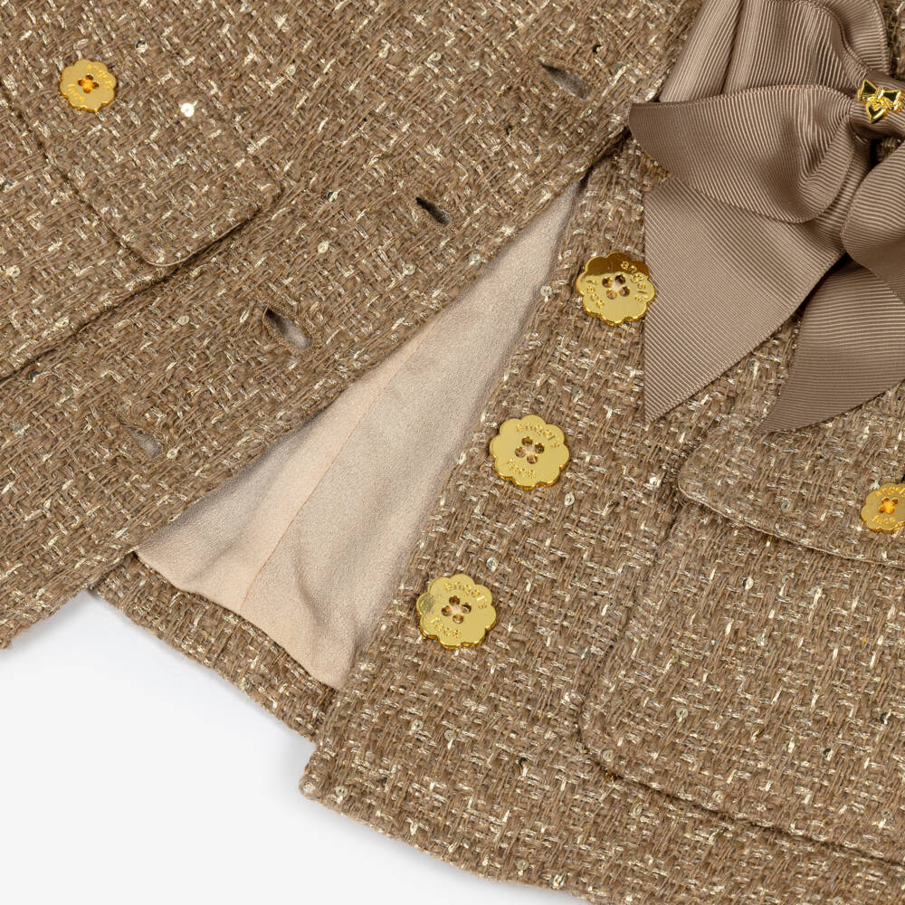 Angel's Face-Girls Beige & Gold Gianna Tweed Jacket with Bow | Childrensalon
