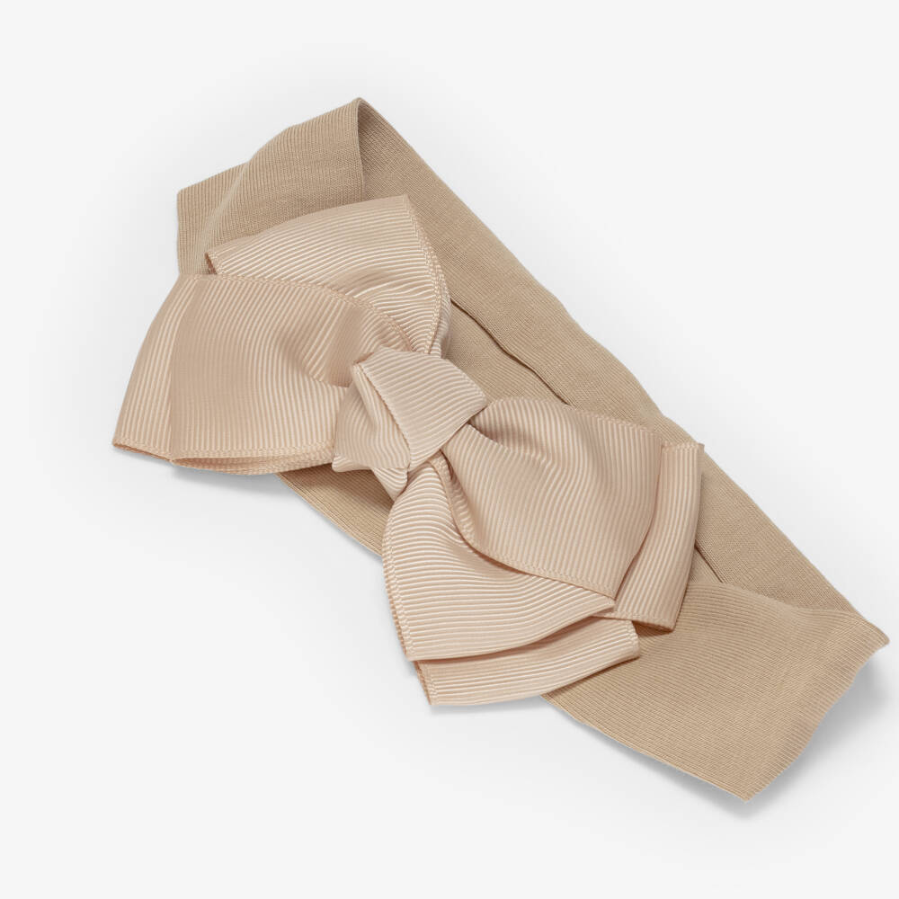 Angel's Face-Girls Beige Gold Grosgrain Ribbon Bow Headband | Childrensalon