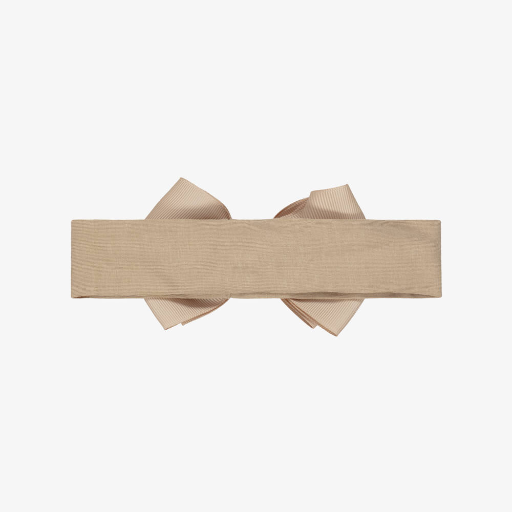 Angel's Face-Girls Beige Gold Grosgrain Ribbon Bow Headband | Childrensalon
