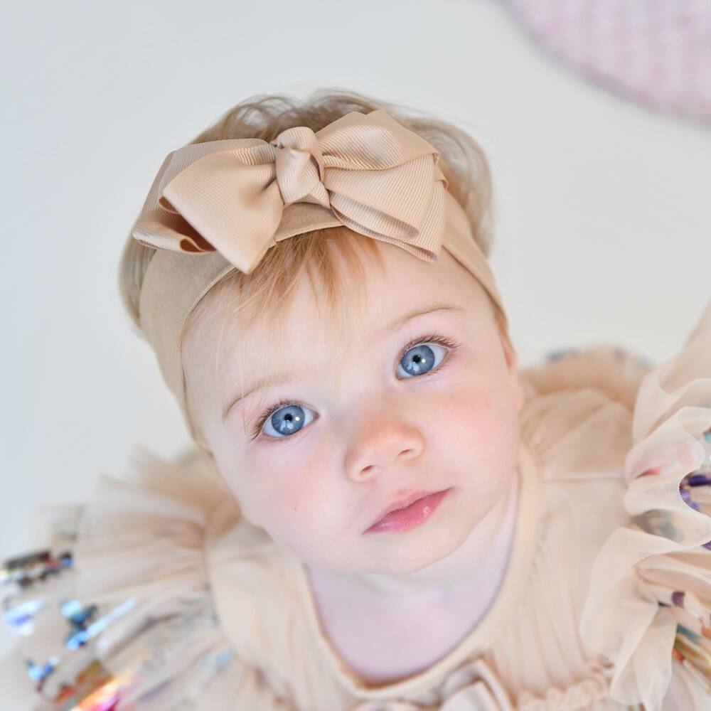 Angel's Face-Girls Beige Gold Grosgrain Ribbon Bow Headband | Childrensalon