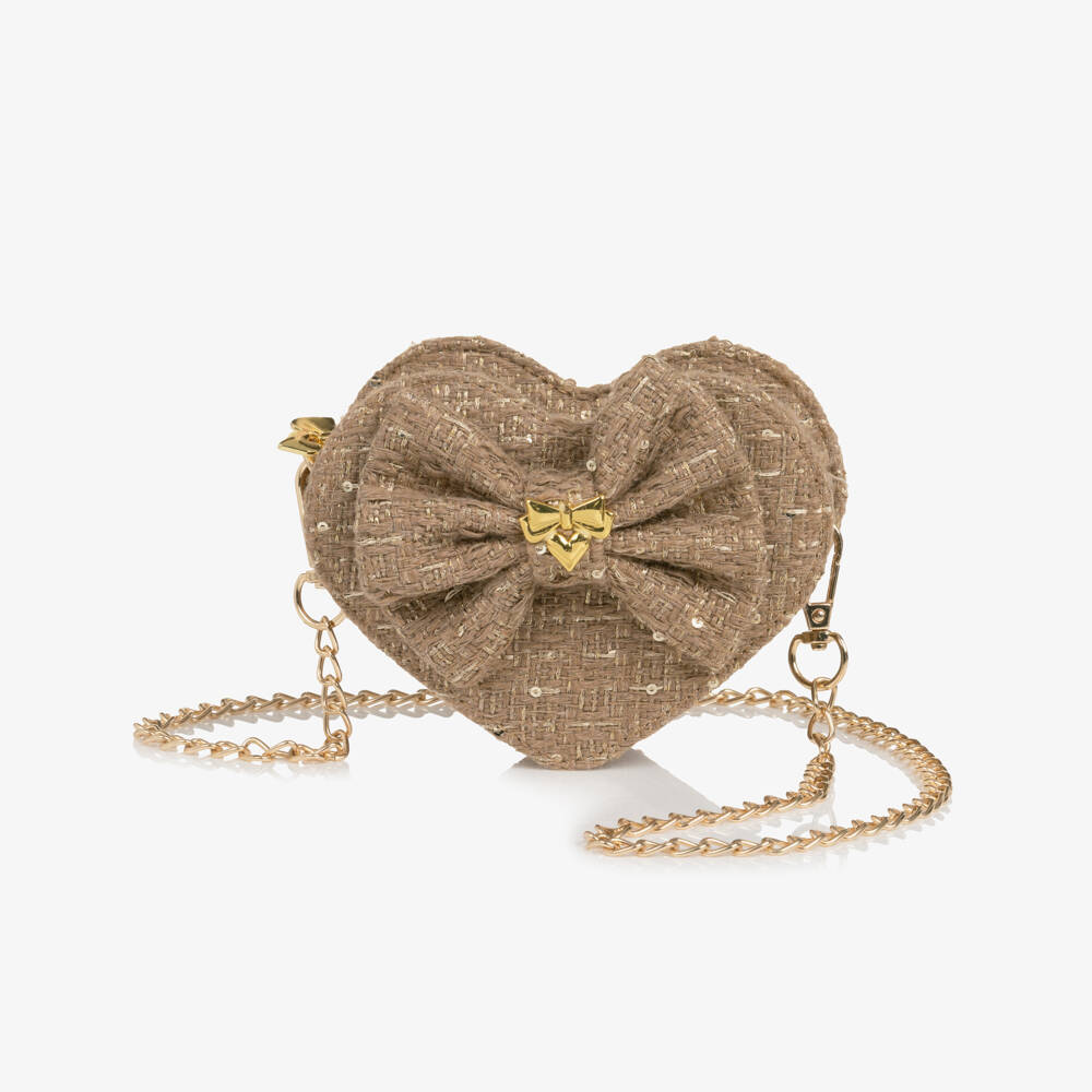 Angel's Face-Girls Beige Jade Tweed Heart Bag (14cm) | Childrensalon