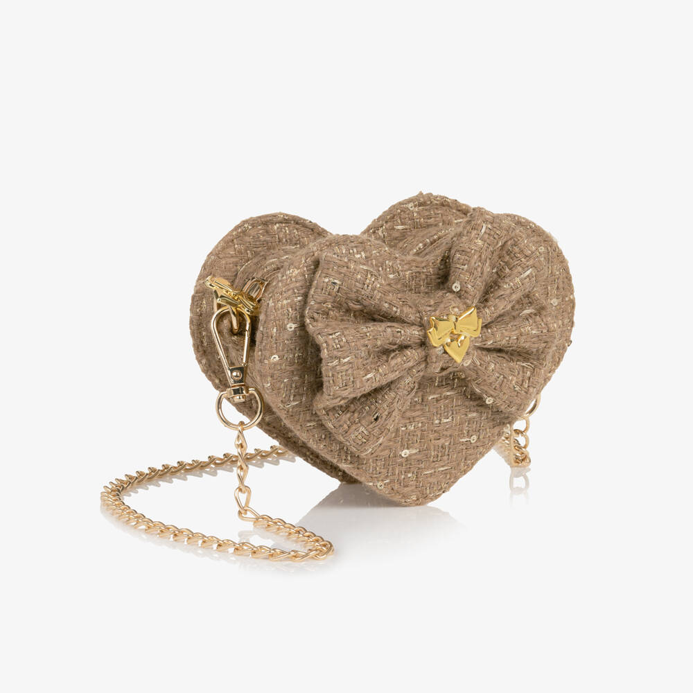Angel's Face-Girls Beige Jade Tweed Heart Bag (14cm) | Childrensalon