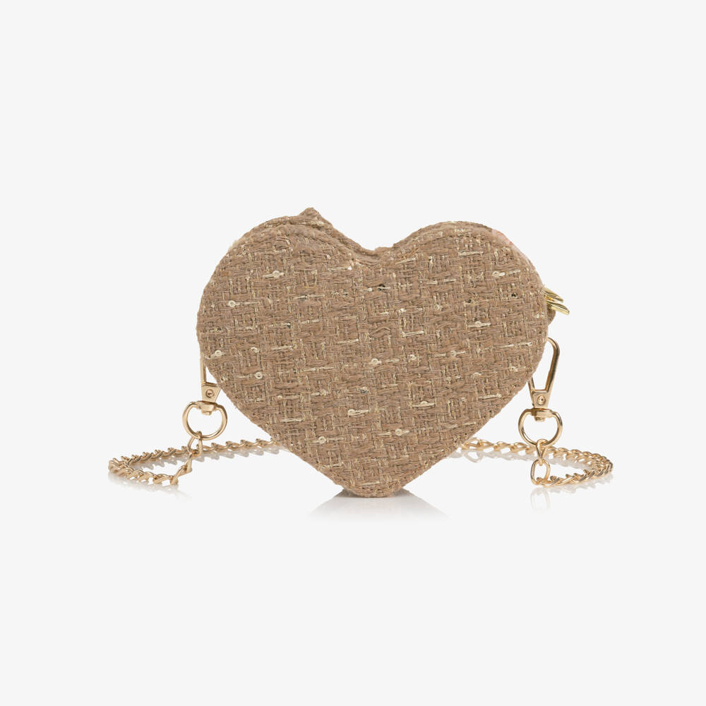 Angel's Face-Girls Beige Jade Tweed Heart Bag (14cm) | Childrensalon