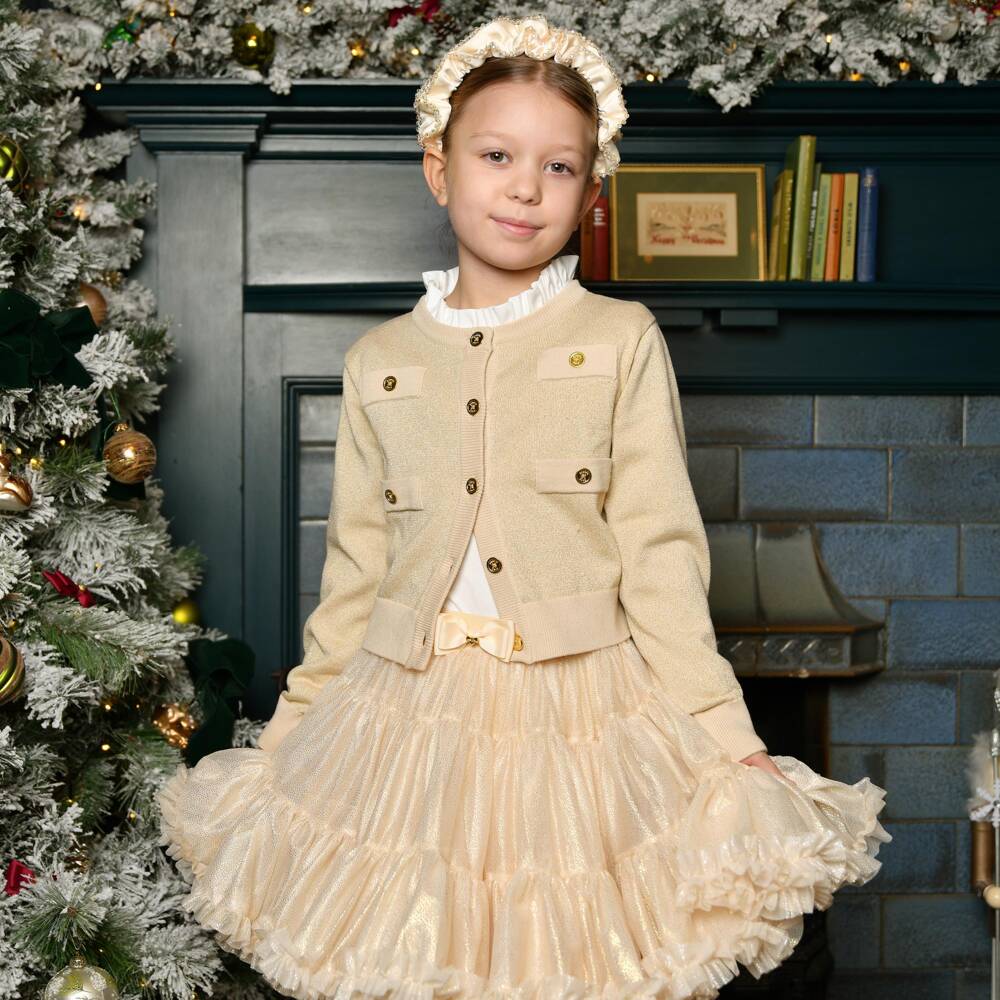 Angel's Face-Girls Beige Knitted Arabella Cardigan with Gold Sparkle | Childrensalon