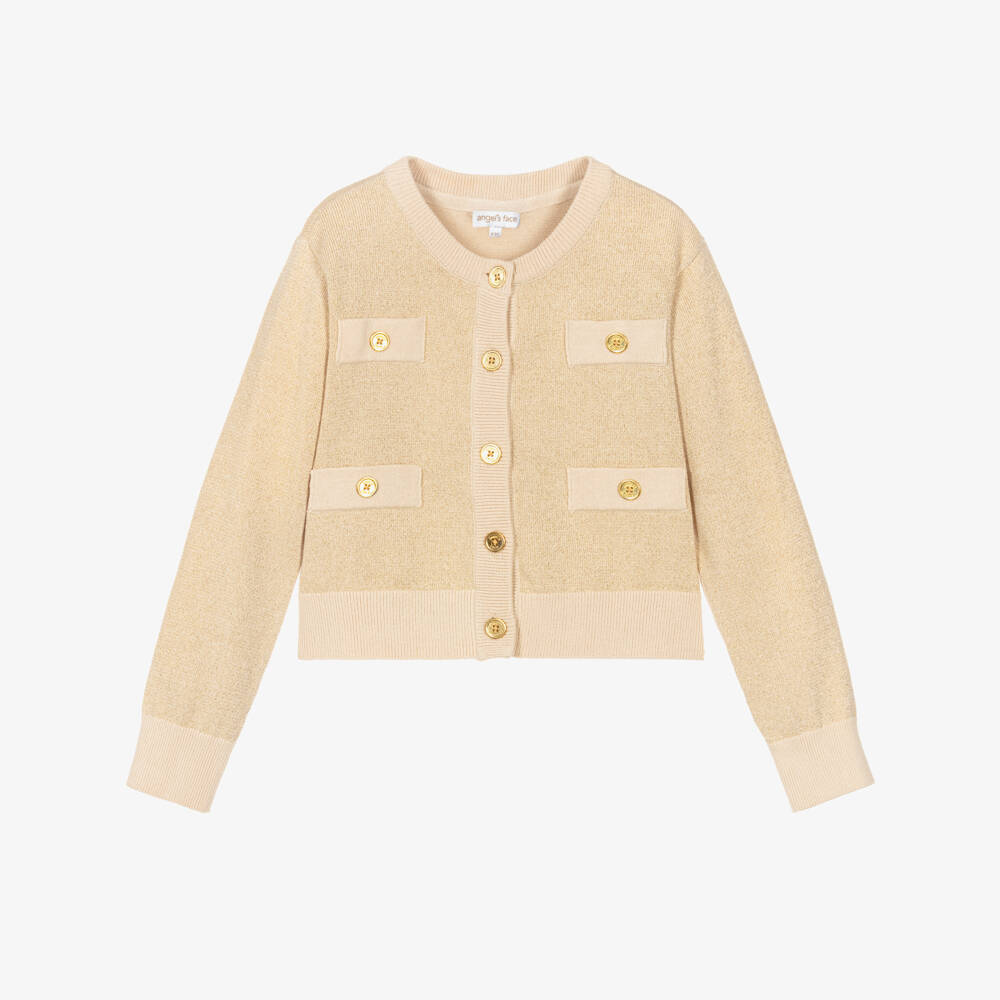 Angel's Face-Girls Beige Knitted Arabella Cardigan with Gold Sparkle | Childrensalon