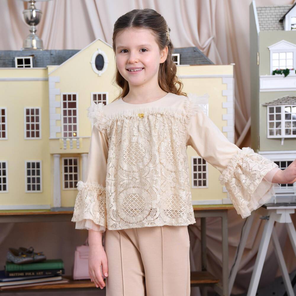 Angel's Face-Girls Beige Lace & Sequin Lulu Top | Childrensalon