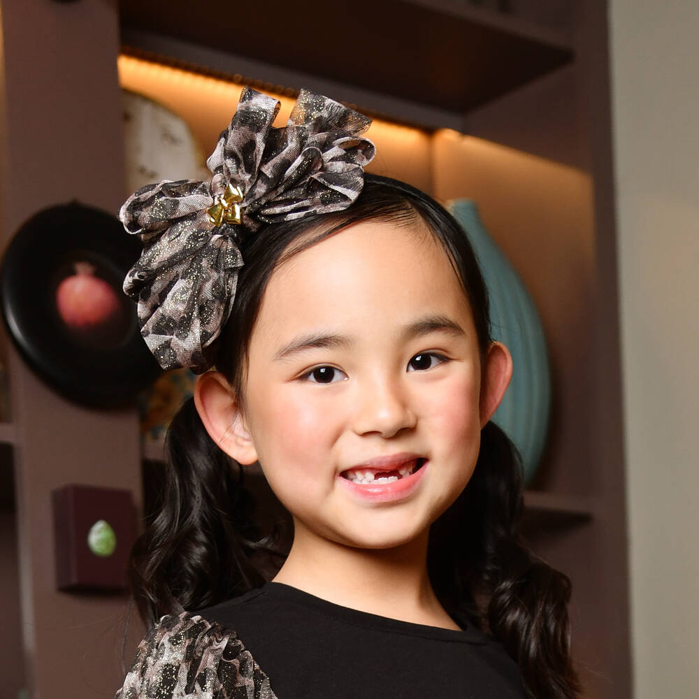 Angel's Face-Girls Beige Leopard Print Tulle Bow Hairband  | Childrensalon