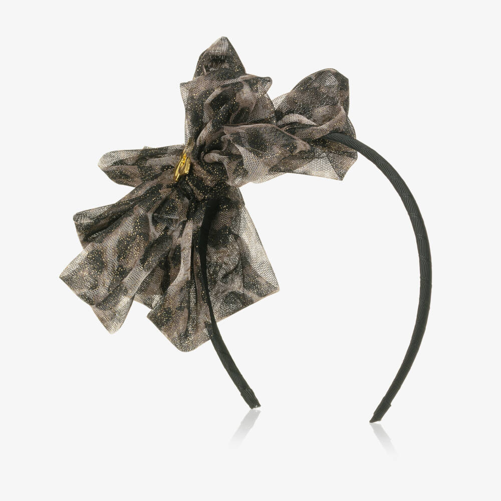 Angel's Face-Girls Beige Leopard Print Tulle Bow Hairband  | Childrensalon