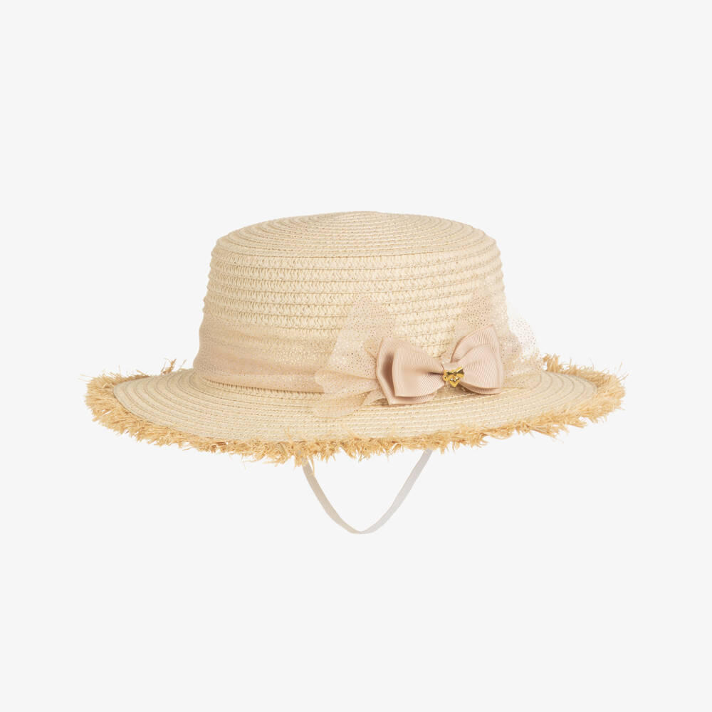 Angel's Face-Girls Beige Straw Hat with Glittery Bow | Childrensalon