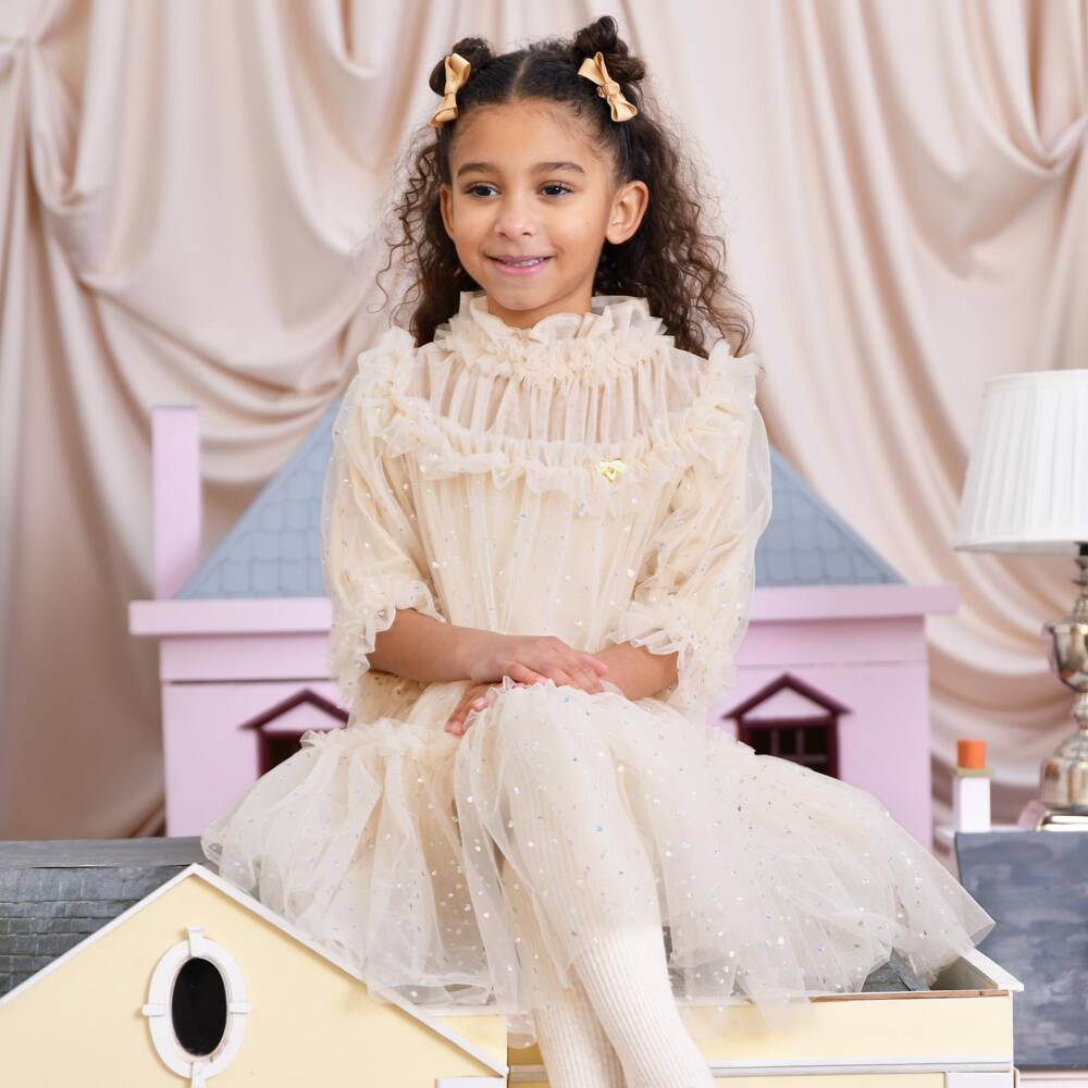 Angel's Face-Girls Beige Tulle Myrtisa Dress with Heart Sparkles | Childrensalon