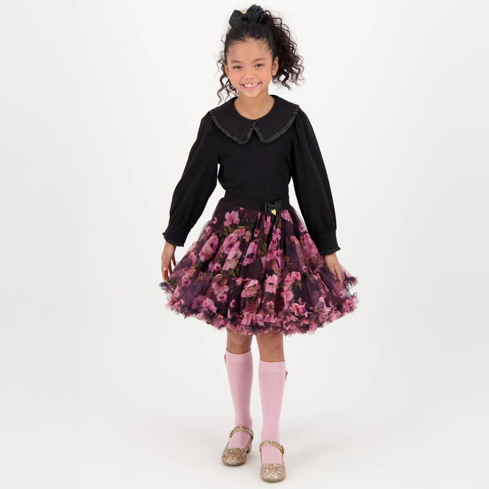 Angel's Face-Girls Black Cotton Top with Large Frill Collar | Childrensalon