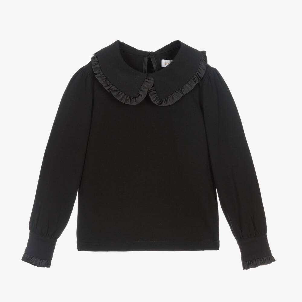 Angel's Face-Girls Black Cotton Top with Large Frill Collar | Childrensalon