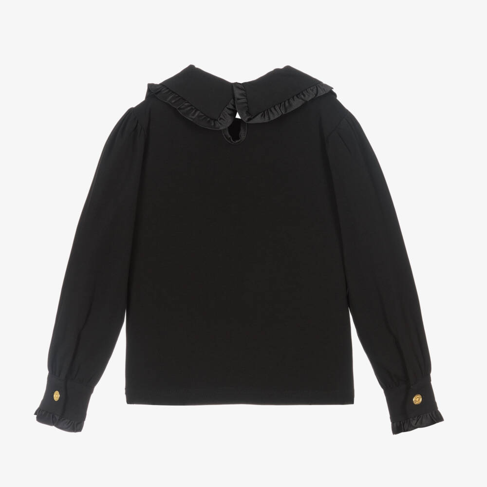 Angel's Face-Girls Black Cotton Top with Large Frill Collar | Childrensalon