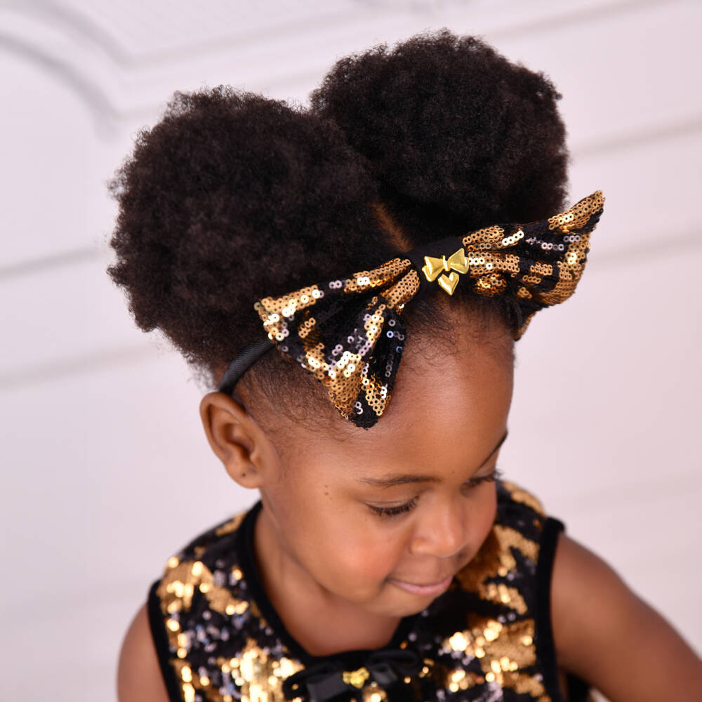 Angel's Face-Girls Black & Gold Sequin Bow Hairband | Childrensalon
