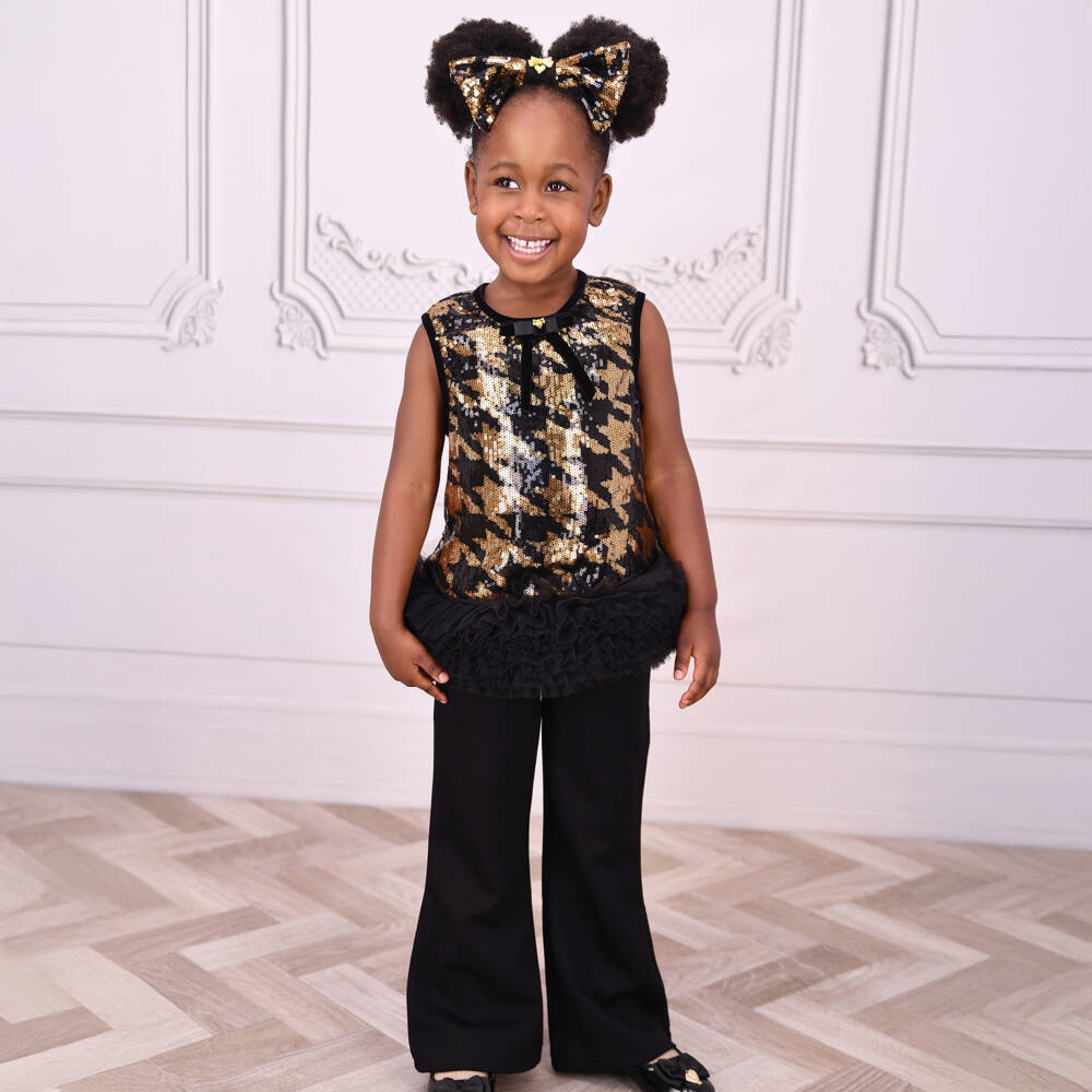 Angel's Face-Girls Black & Gold Sequinned Houndstooth Top & Trouser Set | Childrensalon