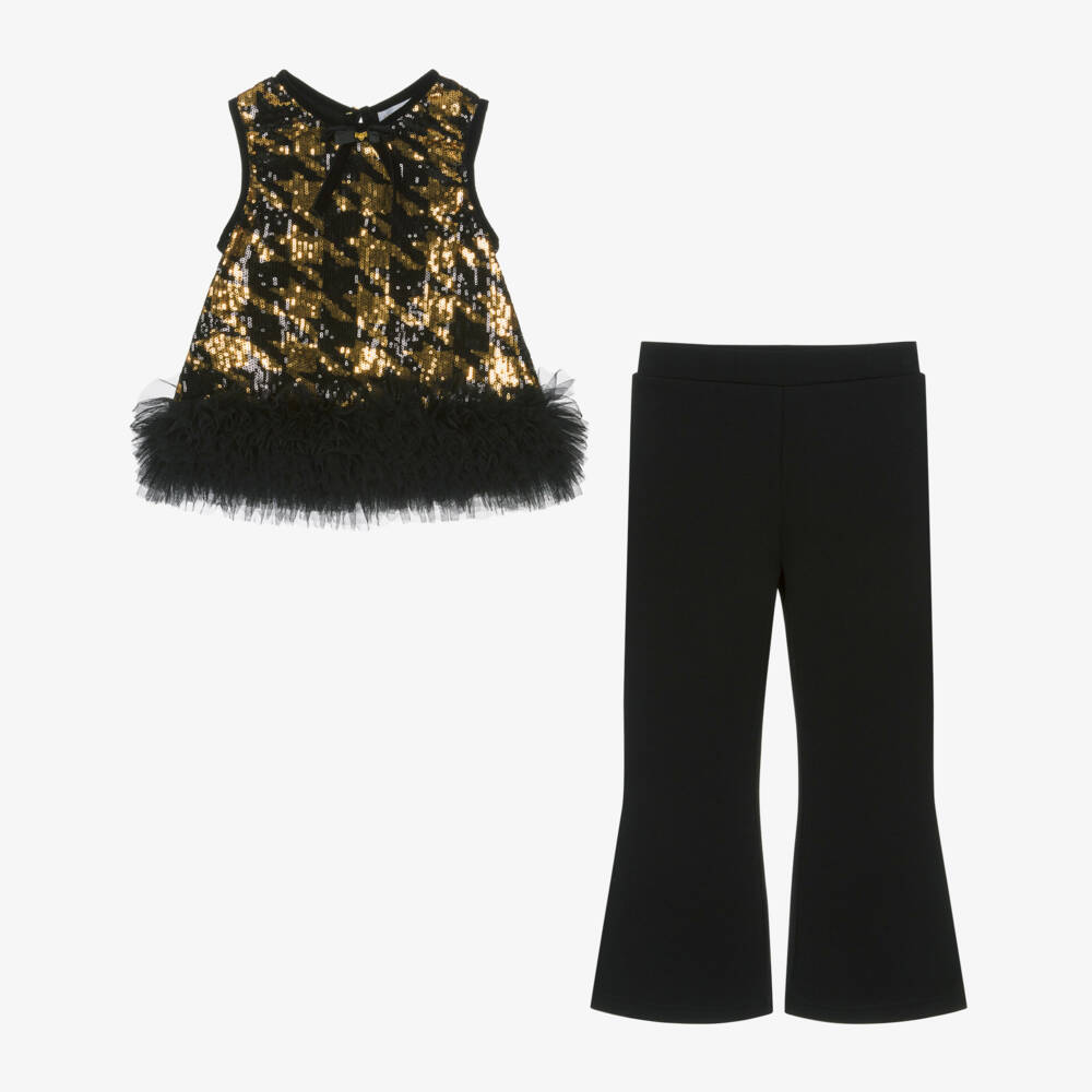 Angel's Face-Girls Black & Gold Sequinned Houndstooth Top & Trouser Set | Childrensalon