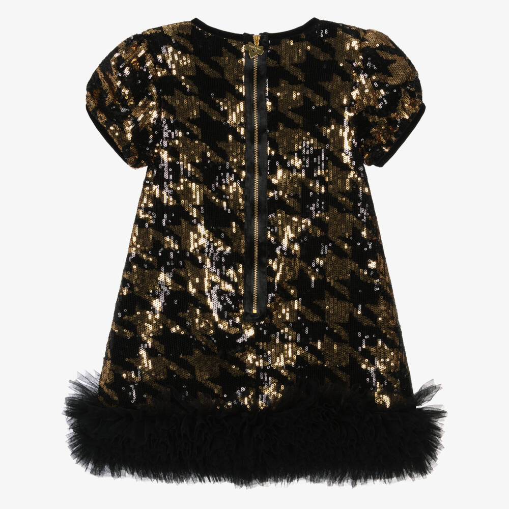 Angel's Face-Girls Black & Gold Sequinned Houndstooth Tulle Dress | Childrensalon