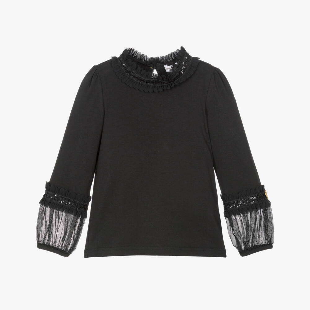 Angel's Face-Girls Black Jersey Hayley Top with Tulle Cuffs | Childrensalon
