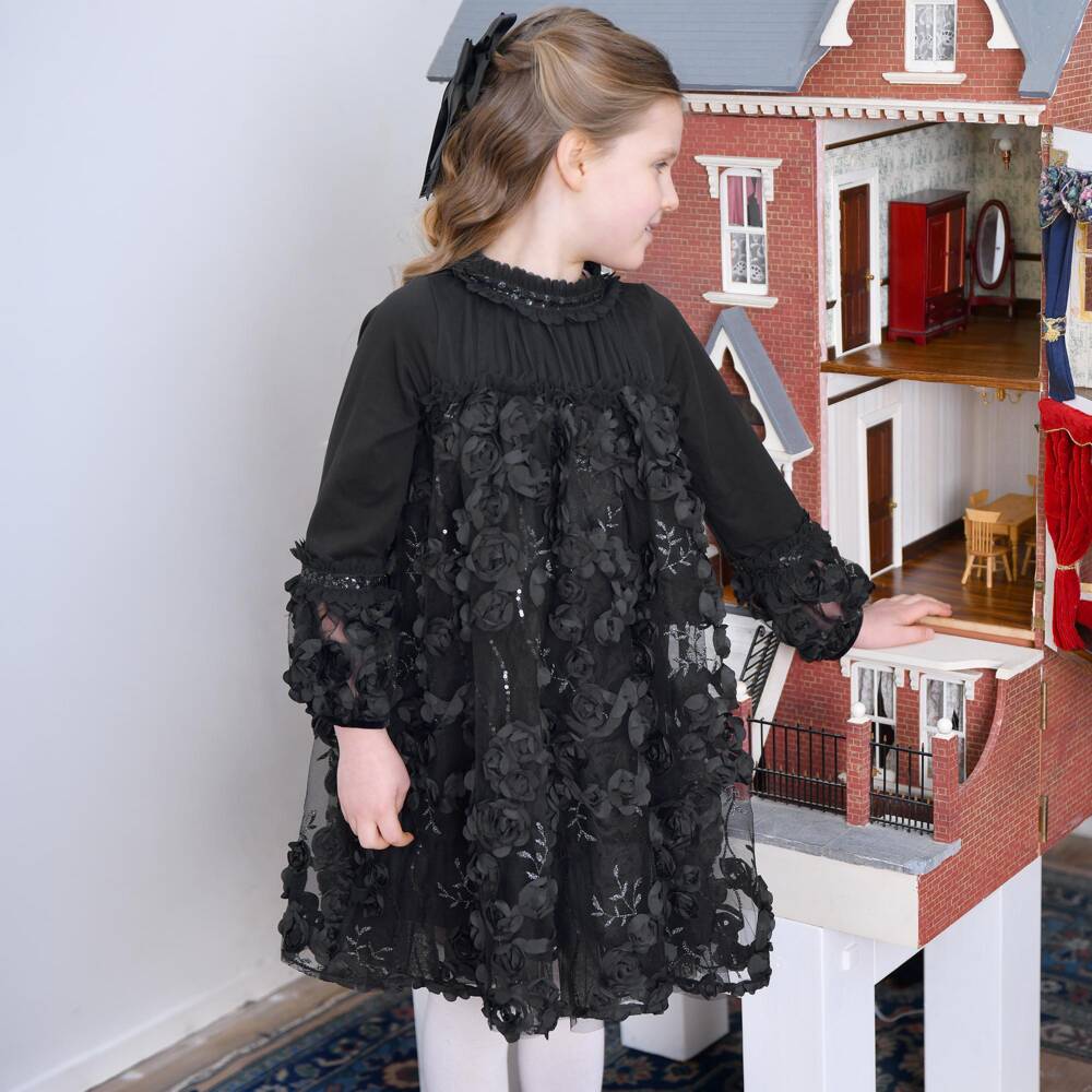 Angel's Face-Girls Black Tulle Margot Dress with 3D Roses | Childrensalon