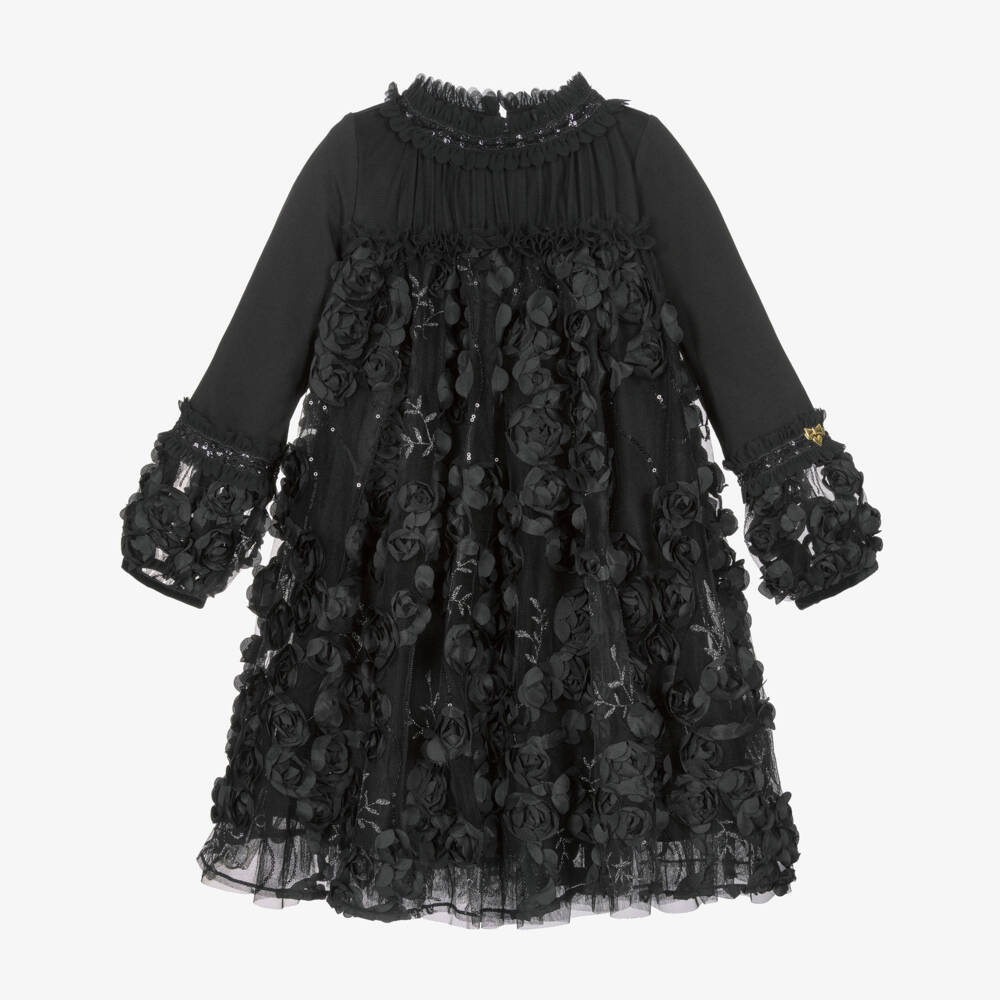 Angel's Face-Girls Black Tulle Margot Dress with 3D Roses | Childrensalon
