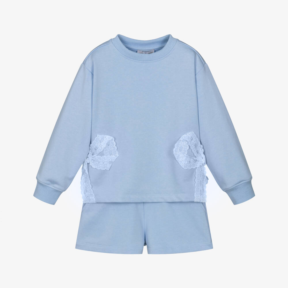 Angel's Face-Girls Blue Cotton Jersey Shorts Set with Lace Bows | Childrensalon