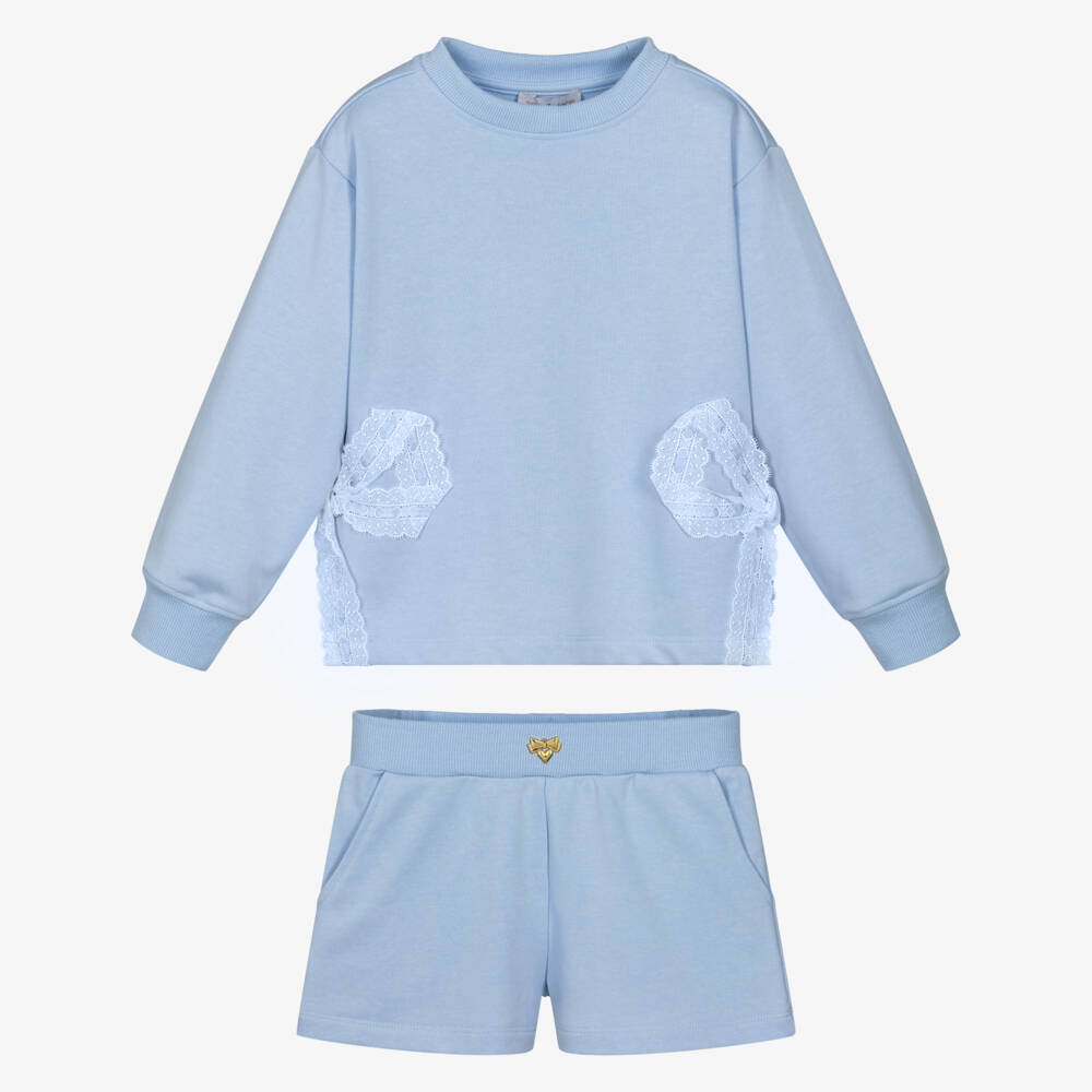 Angel's Face-Girls Blue Cotton Jersey Shorts Set with Lace Bows | Childrensalon