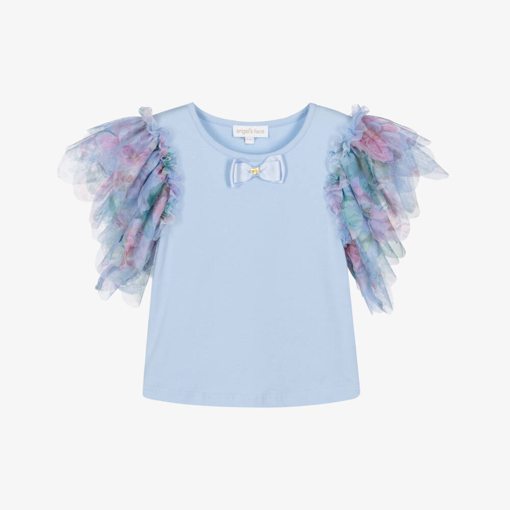 Angel's Face-Girls Blue Cotton Jersey T-Shirt with Floral Tulle Sleeves | Childrensalon