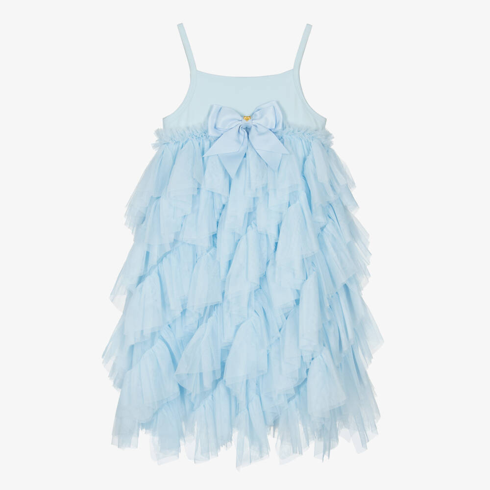Angel's Face-Girls Blue Cotton Jersey & Tulle Ruffles Dress with Logo Bow | Childrensalon