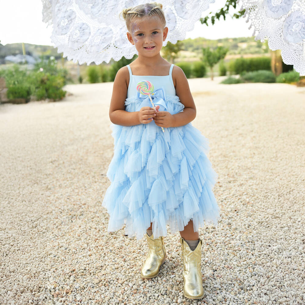 Angel's Face-Платье голубое из хлопкового трикотажа с оборками из тюля и бантом | Childrensalon