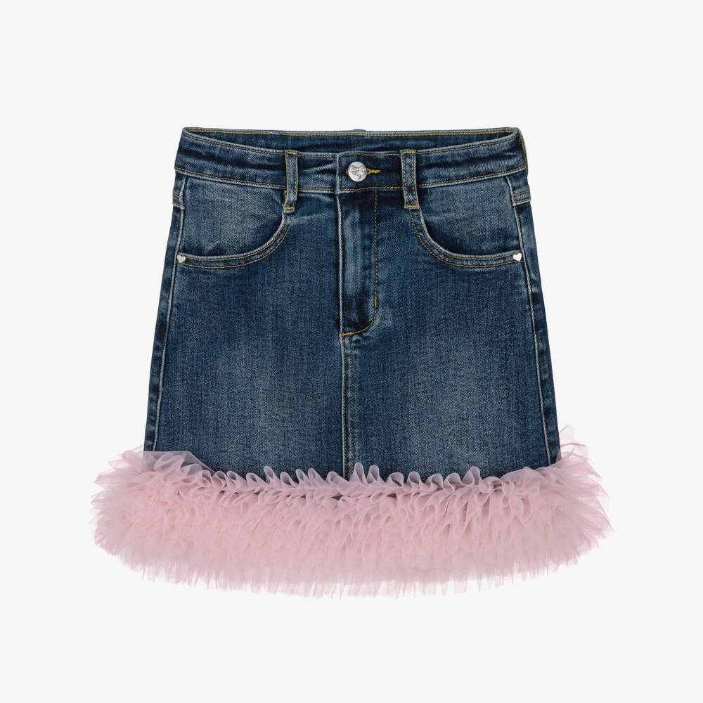 Angel's Face-Girls Blue Denim Gigi Skirt with Pink Tulle Ruffles | Childrensalon