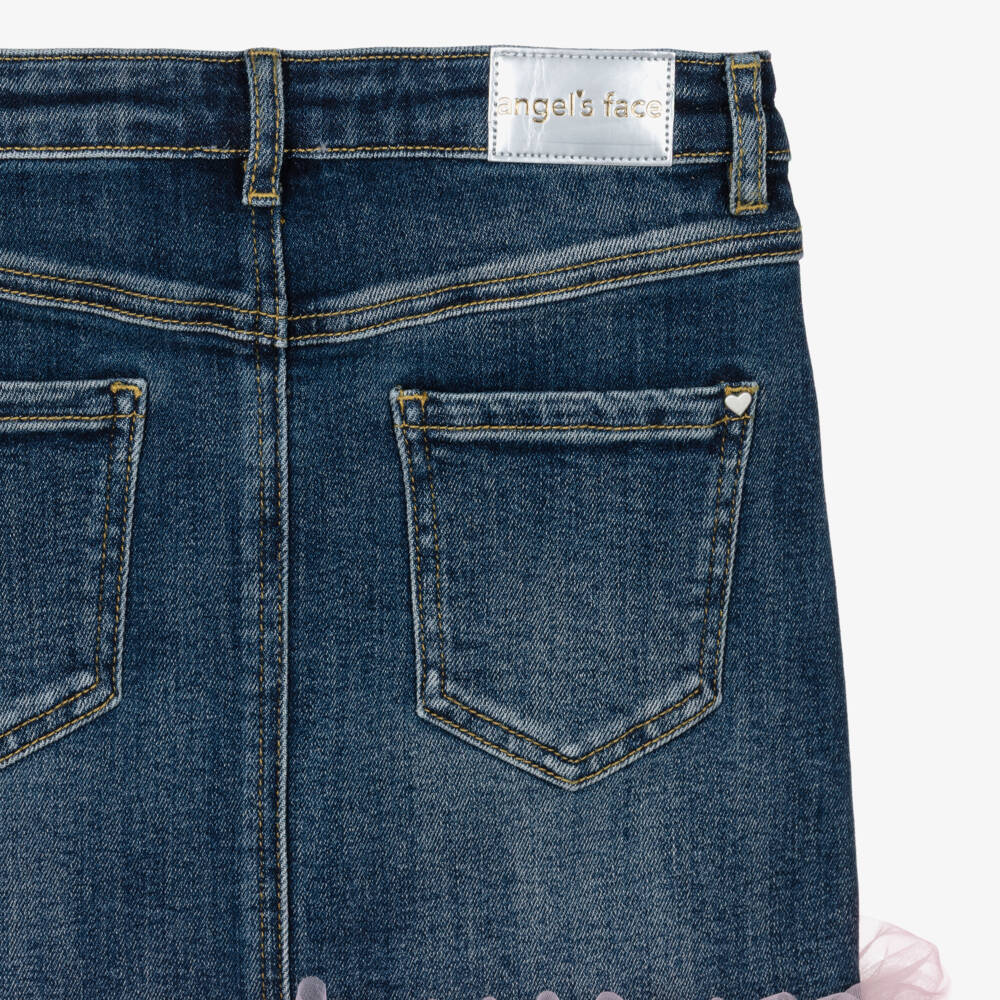 Angel's Face-Girls Blue Denim Gigi Skirt with Pink Tulle Ruffles | Childrensalon