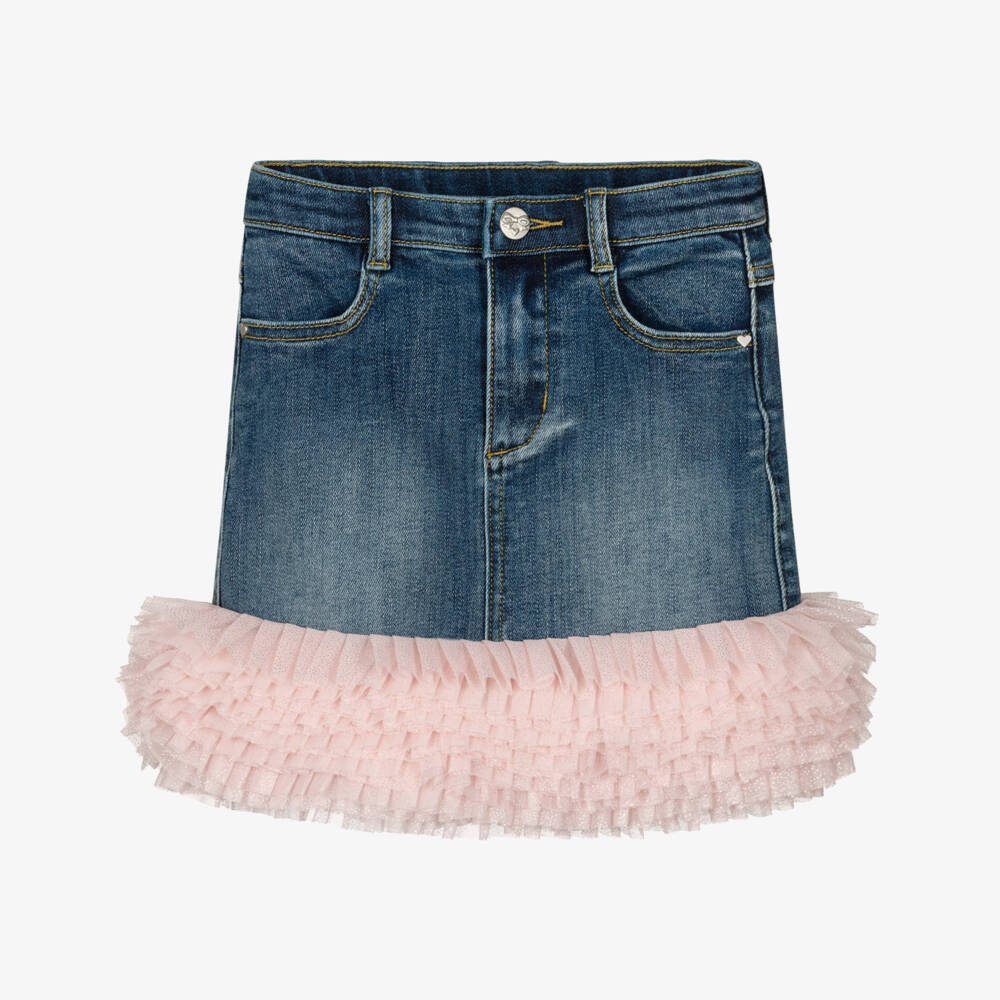 Angel's Face-Girls Blue Denim Skirt with Glittery Pink Tulle Ruffles | Childrensalon