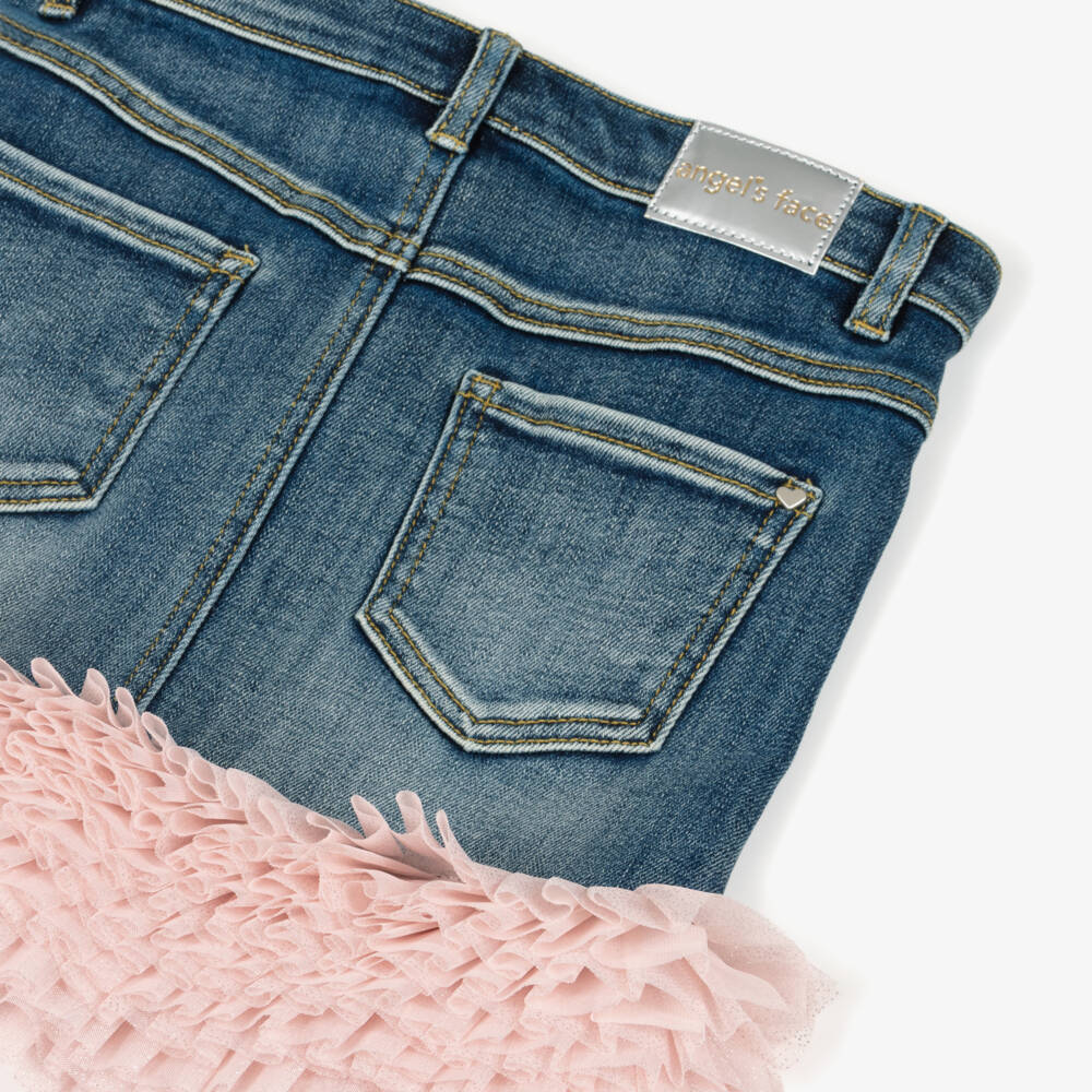 Angel's Face-Girls Blue Denim Skirt with Glittery Pink Tulle Ruffles | Childrensalon