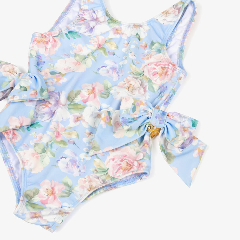 Angel's Face-Girls Blue Floral Print Swimsuit with Bows (UPF50+) | Childrensalon