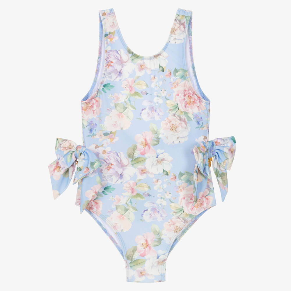 Angel's Face-Girls Blue Floral Print Swimsuit with Bows (UPF50+) | Childrensalon