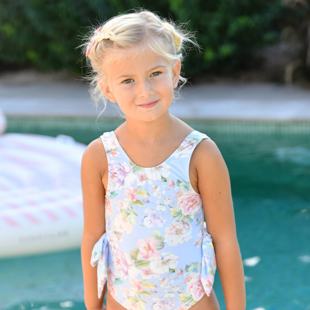 Angel's Face-Girls Blue Floral Print Swimsuit with Bows (UPF50+) | Childrensalon