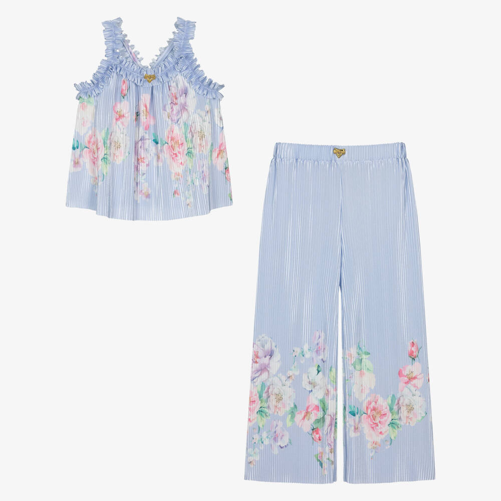 Angel's Face-Girls Blue Floral Satin Plissé Trouser Set | Childrensalon