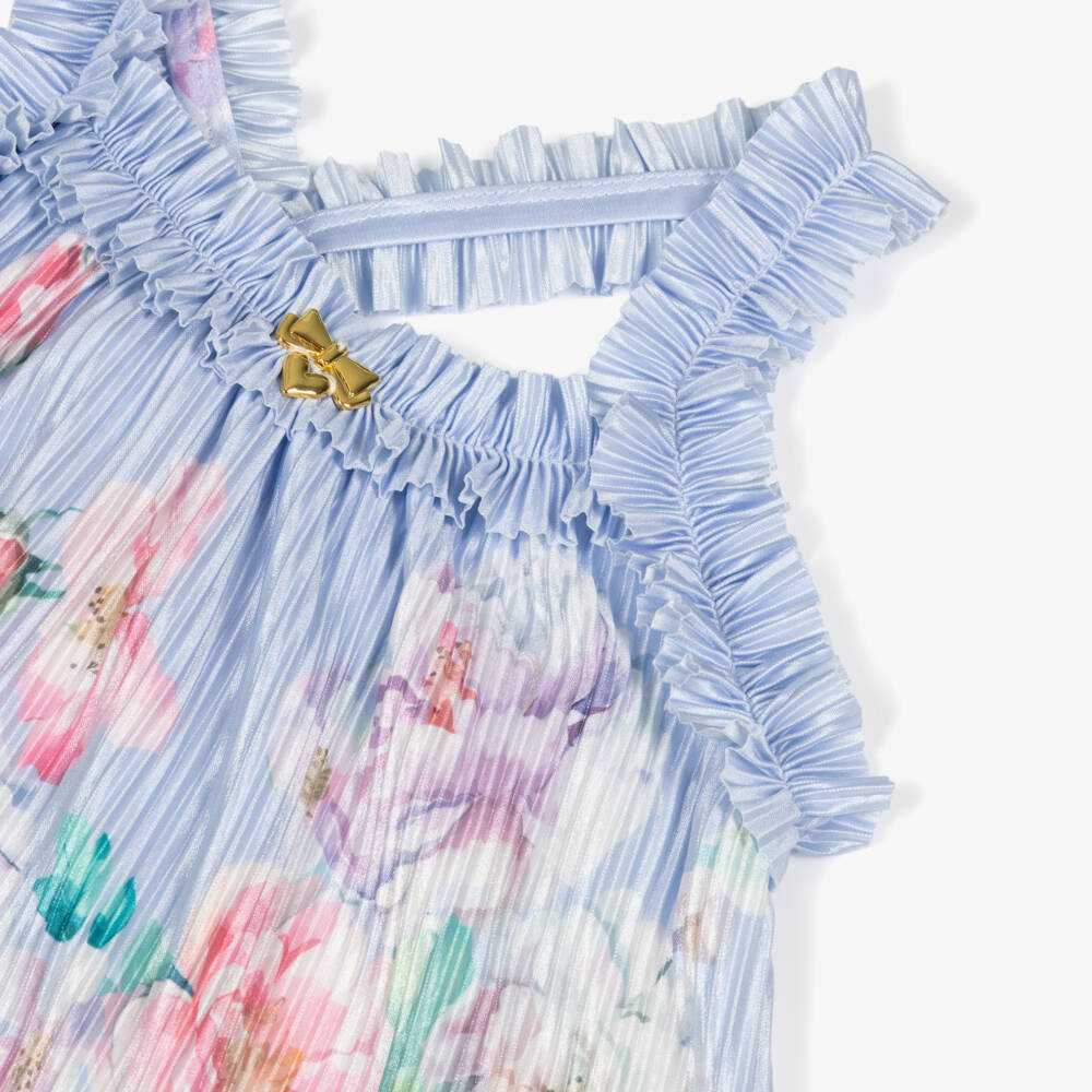 Angel's Face-Girls Blue Floral Satin Plissé Trouser Set | Childrensalon