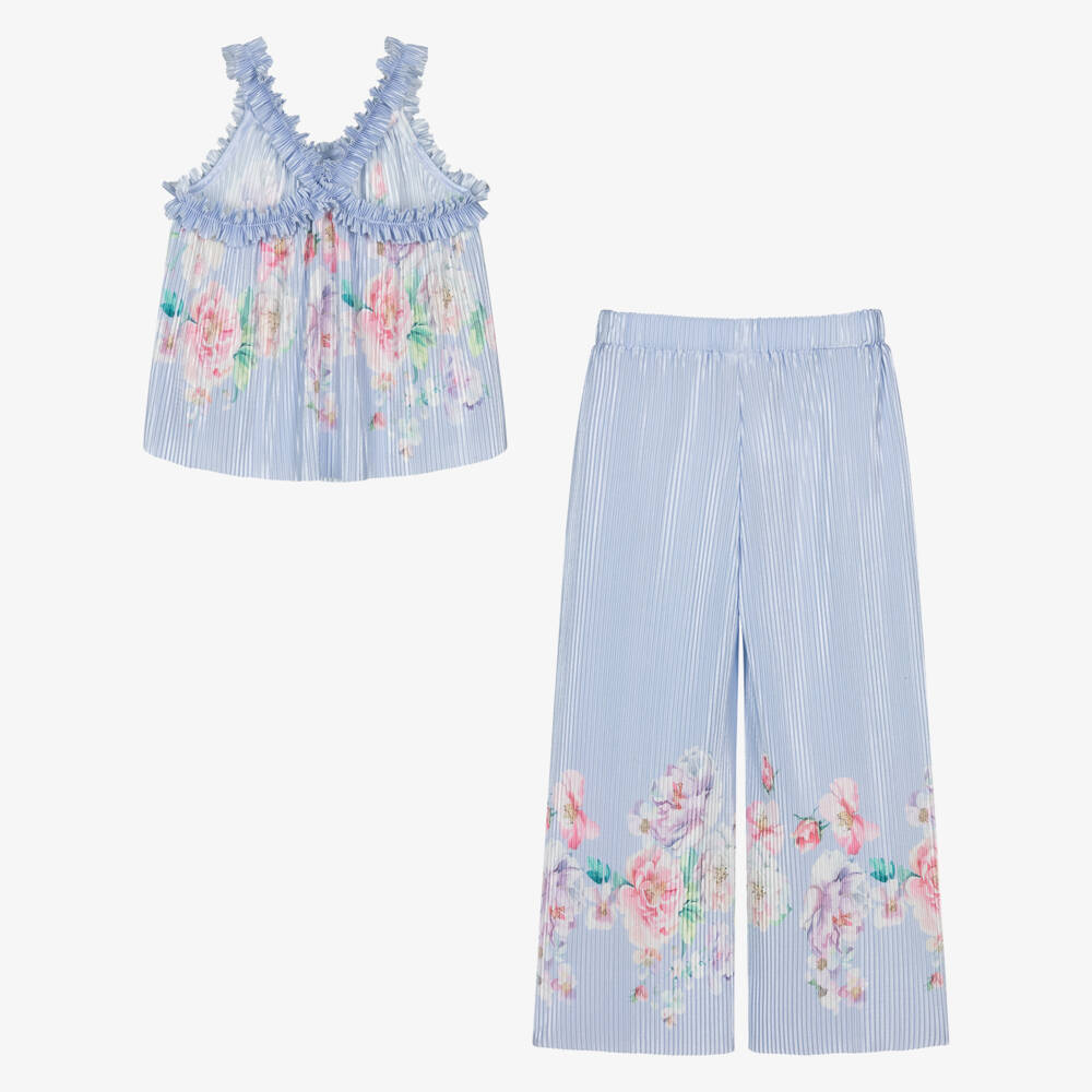 Angel's Face-Girls Blue Floral Satin Plissé Trouser Set | Childrensalon