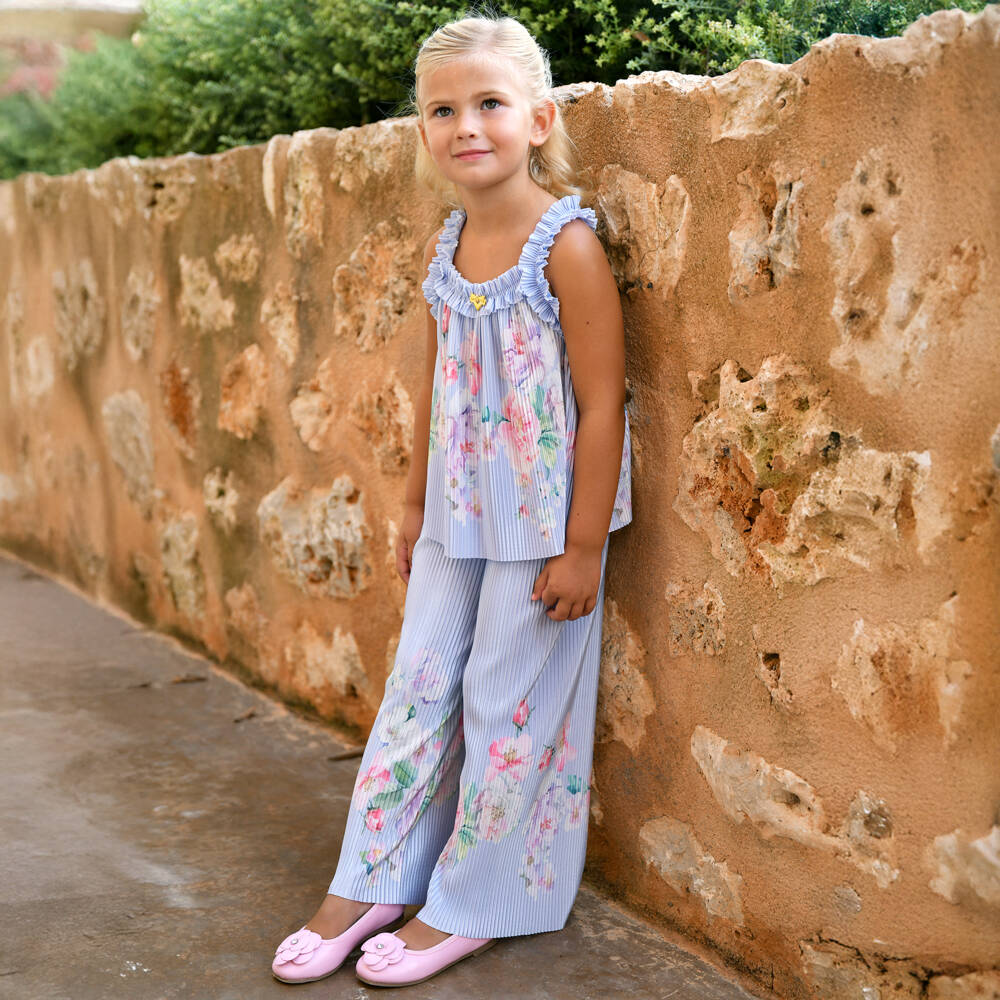 Angel's Face-Girls Blue Floral Satin Plissé Trouser Set | Childrensalon
