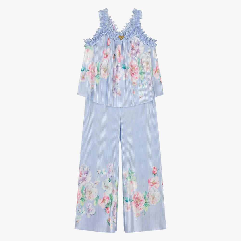 Angel's Face-Girls Blue Floral Satin Plissé Trouser Set | Childrensalon